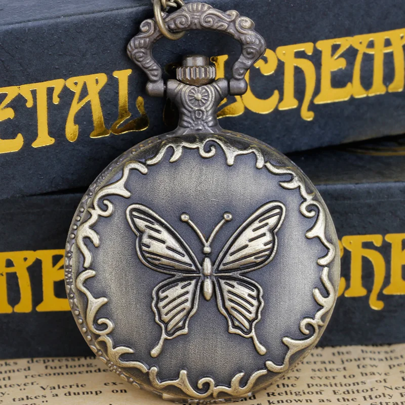 Steampunk Necklace Quartz Pocket Watch Chain Butterfly Pattern Retro Style Fob Watch Clock for Men Women