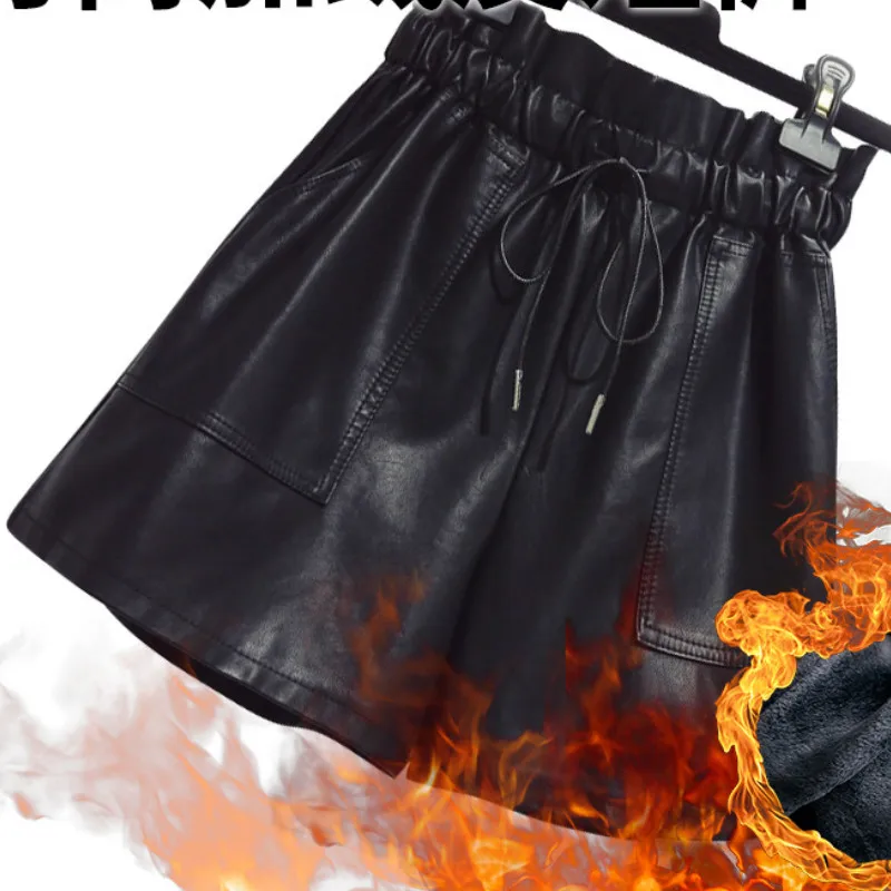 

Autumn Winter High Waist PU Leather Shorts Women Elastic Waist Width-leg Shorts Streetwears Female England Style Boots Shorts