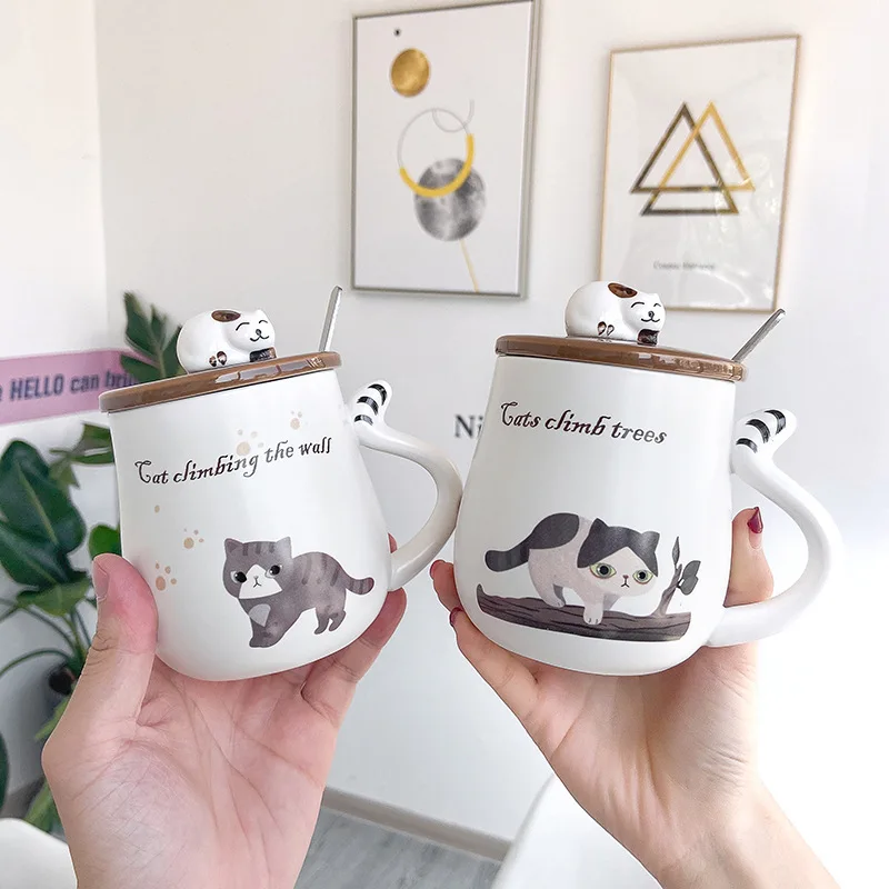 

Creative Cute Cartoon Cat Mug Household with Cover Spoon Big Belly Ceramic Cup Large Capacity Student Coffee Cup
