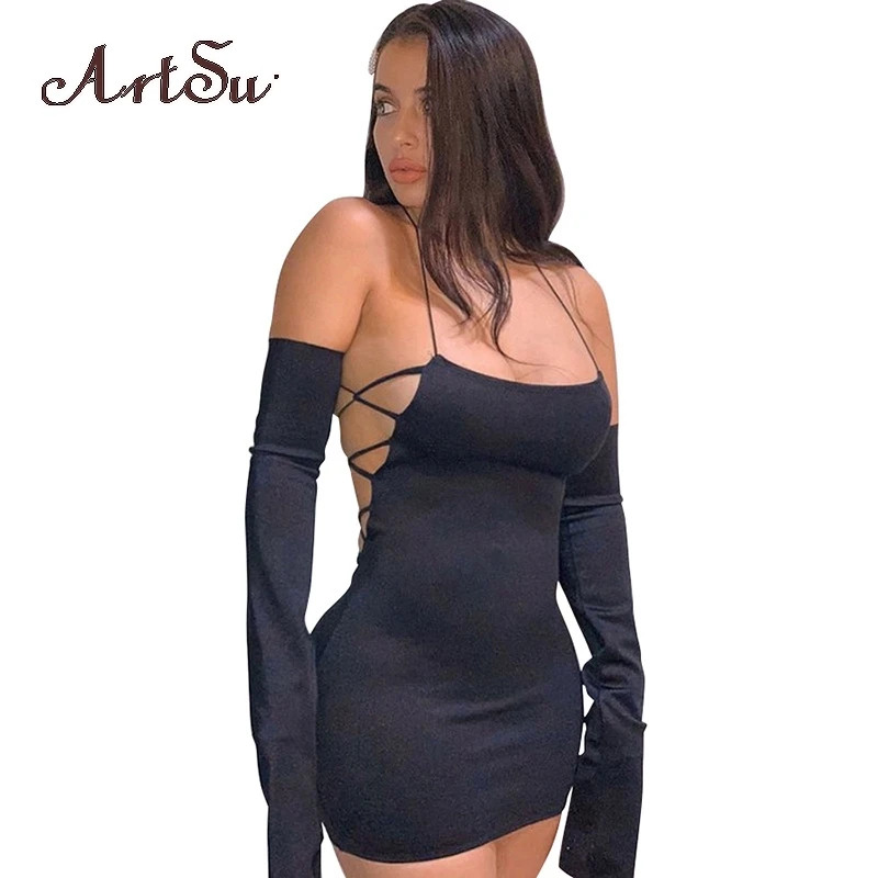 

Artsu Solid Black Mini Dress Women 2021 Summer Backless Sleeve Bodycon Skirt Sexy Party Streetwear Female AR30334