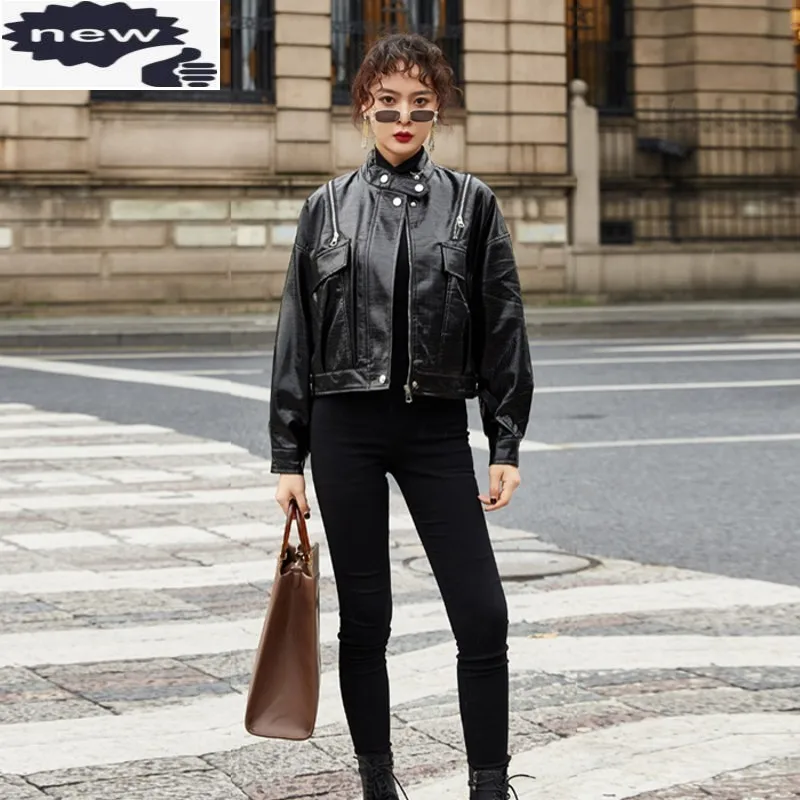 Women Biker PU Leather Coat Autumn Street Loose Pocket Snake Print Punk Jacket Fashion Stand Collar Office Lady Black Outerwear