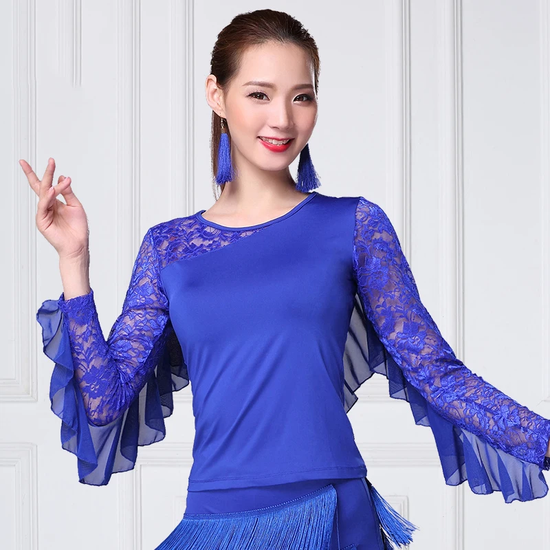 Топ для бальных танцев Женская Сексуальная кружевная рубашка с длинным рукавом