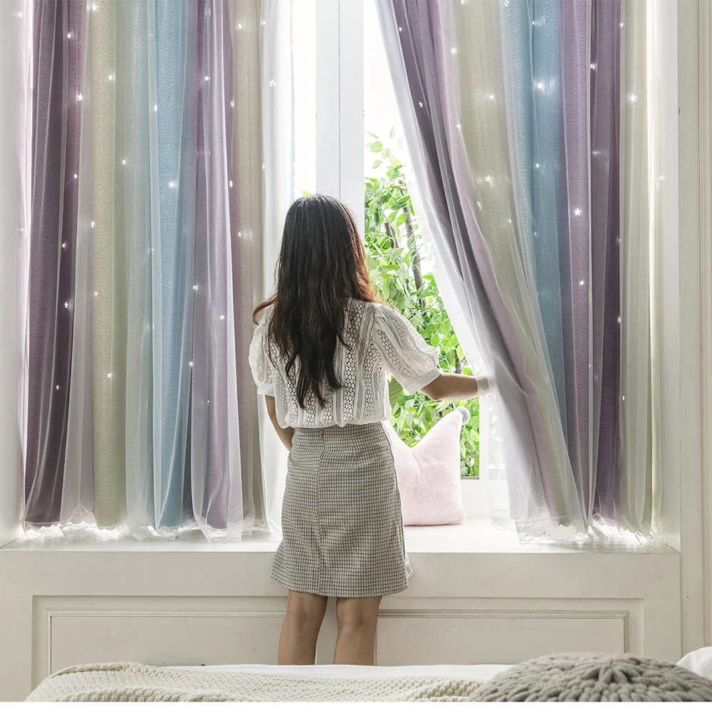 

Blackout Curtains For Living Room Gradient Color Curtain Girl Kids Bedroom Full Window Drapes Hollow Star Home Decor 1 Panel