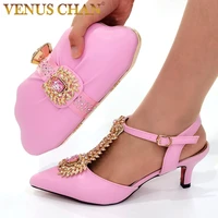 2021 new arrival fashion style italian design pink color ladies shoes and bags to match set decorated with rhinestone for party