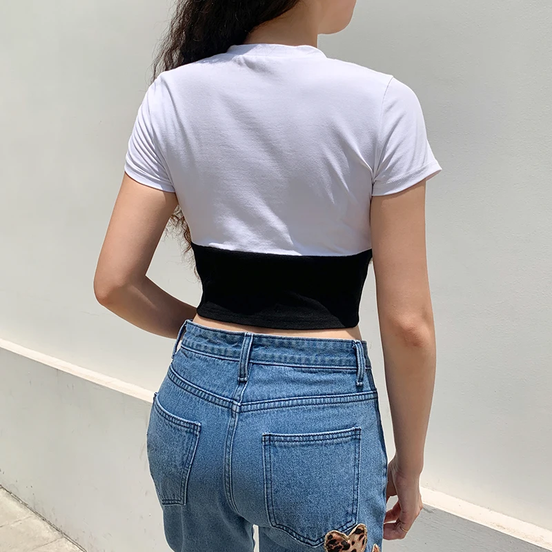 

Waatfaak Vintage Patchwork Mesh T- Shirt Short Sleeve Y2K Women Pearl Chain White Summer Crop Top T Shirt 90S Aesthetic Cute