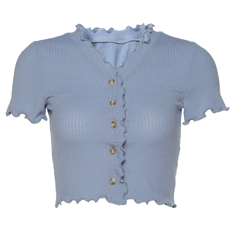 

New High Grade Fog Blue Irregular Lace Short Sleeve T-shirt Women's Bm Style Age Reducing Top Looks Thin