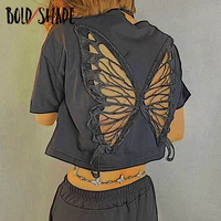 bold shade y2k indie aesthetic goblincore tee shirts short sleeve unicolor butterfly hollow out crop tops grunge style women top