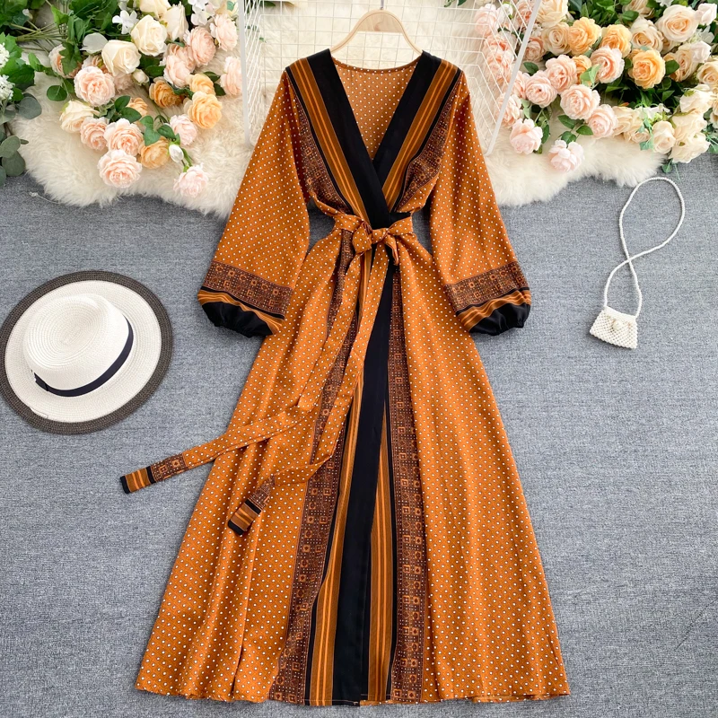 

Spring Autumn Women Printed Long Dress Vintage Puff Long Sleeve High Waist A-Line Vestidos Female 2021 New Fashion Beach Robe