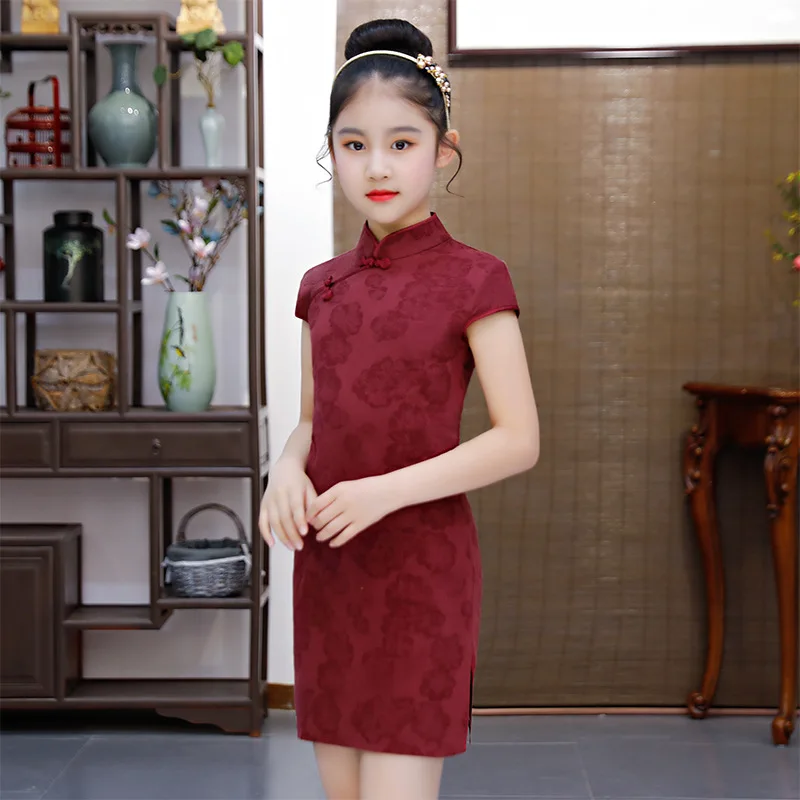 

Silkworm Mengsi new parent-child dress children's cheongsam linen summer jacquard dress parent-child short-sleeved dress