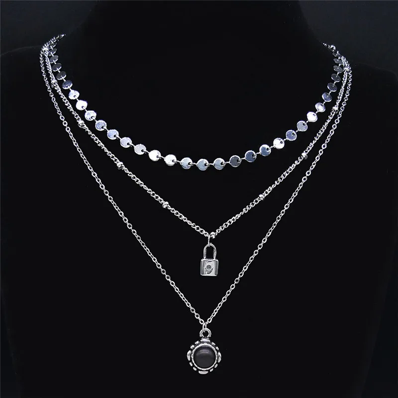 

3pcs Stainless Steel Black Stone Gothic Layered Necklaces Women Lock Charm Necklaces Jewelry acier inoxydable bijoux NXS02