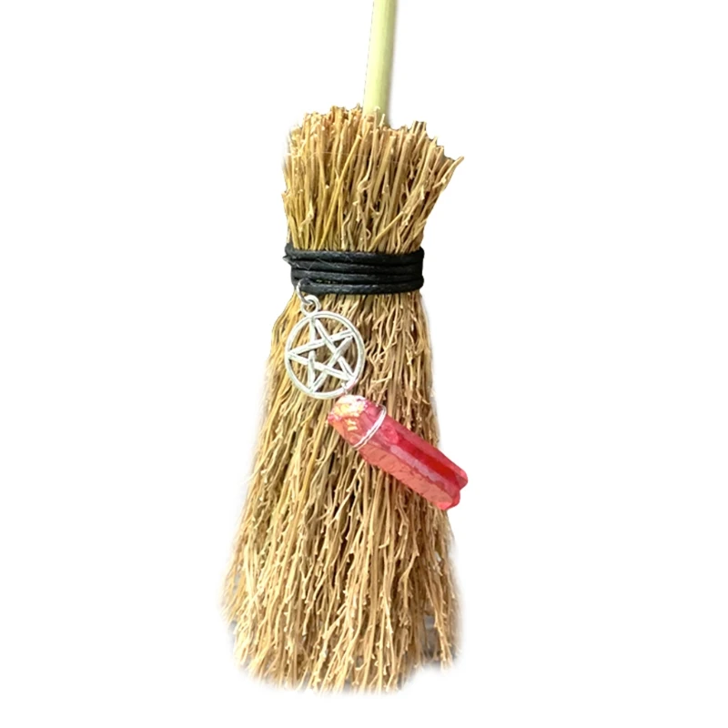 

808B Mini Broom Straw Witch Brooms with Hanging Crystal Pendant Decorations for Halloween Wicca Altar Broom