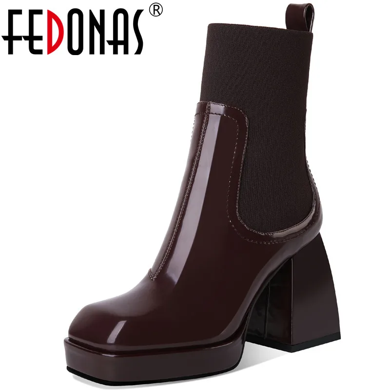 

FEDONAS Fashion Winter Office Boots Leather Concise Genuine Leather Thick Heels Shoes Woman Heels Party Basic Ankle Boots Winter