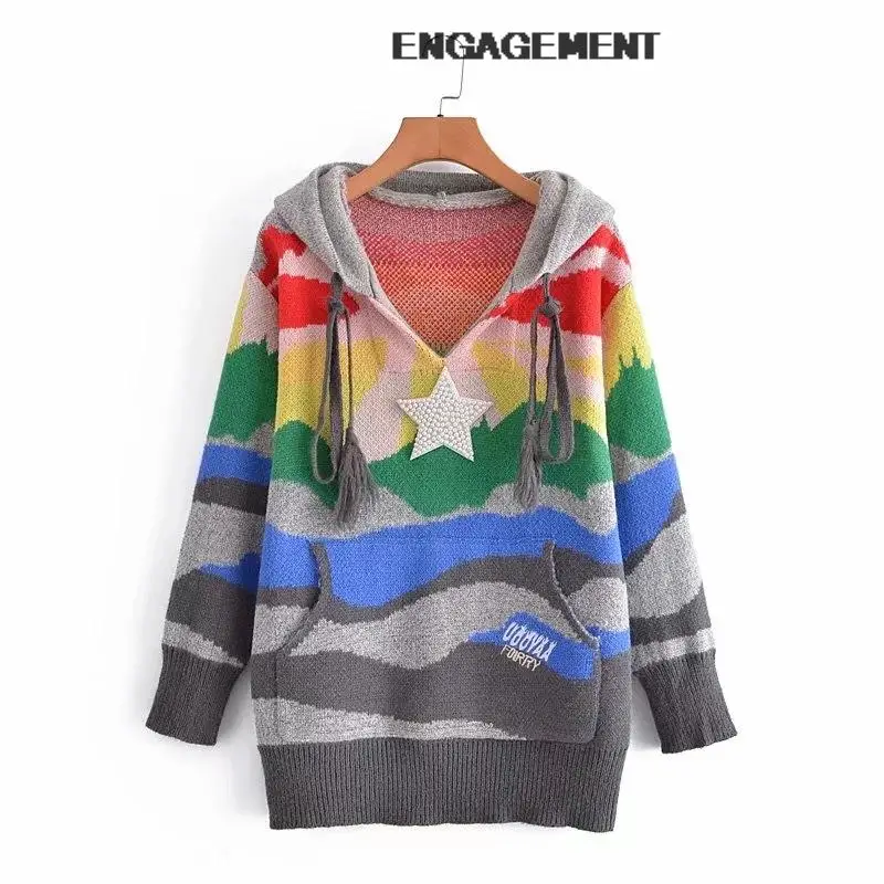 

ENGAGEMENT Street hipster rainbow jacquard knitted sweater autumn Women loose mid-length winter tops teens Za 2021 Trafaluc