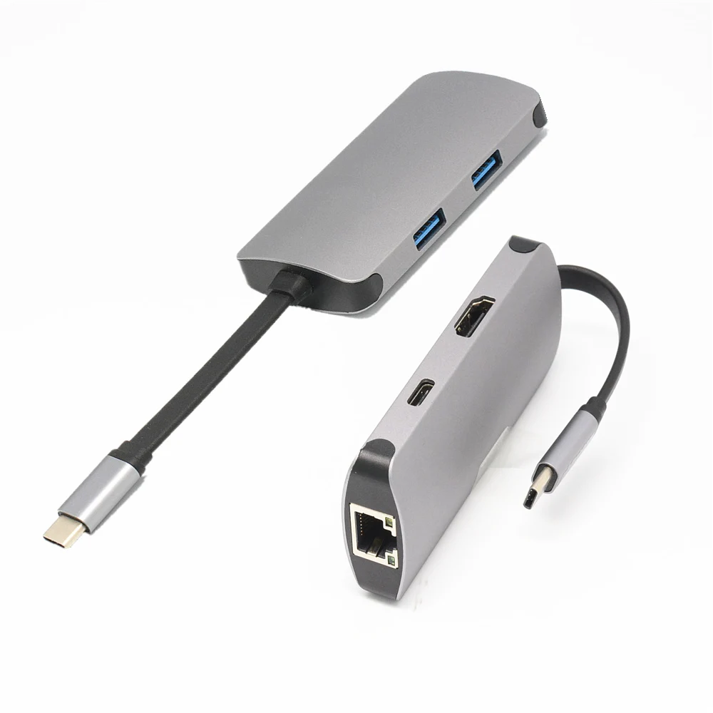 

TYPE-C multifunctiona five-in-one expander Type-C TO HDMI4K +USB3.0*2+RJ45 gigabit network card+USB-C data+PD charging converter