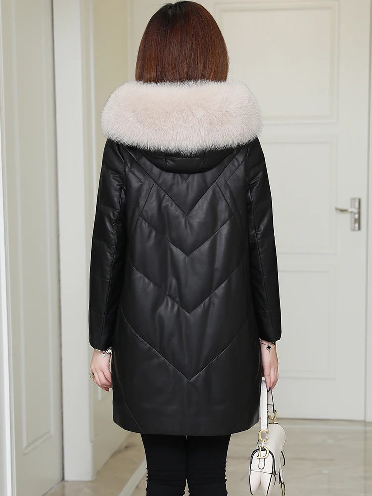 

Leather down jacket women's middle and long winter 2020 new Haining fur coat fox collar thickened sheepskin coat hood