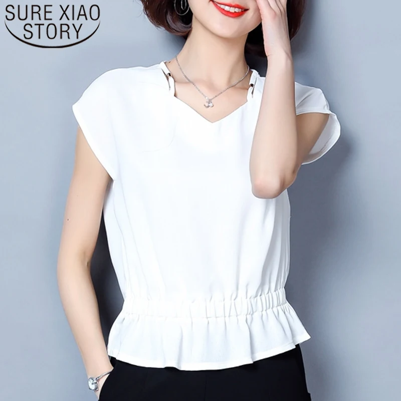 

2020 Summer New Short Sleeve V-neck Solid Chiffon Blouse Women Fashion Elegant Waist Hugging Slim Large Size Lady's Tops 9042 50