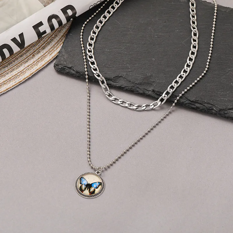

2021 Trend New Butterfly Pendant Double Necklace Clavicle Chain Retro Simple Necklace Ladies Fashion Party Jewelry Necklace