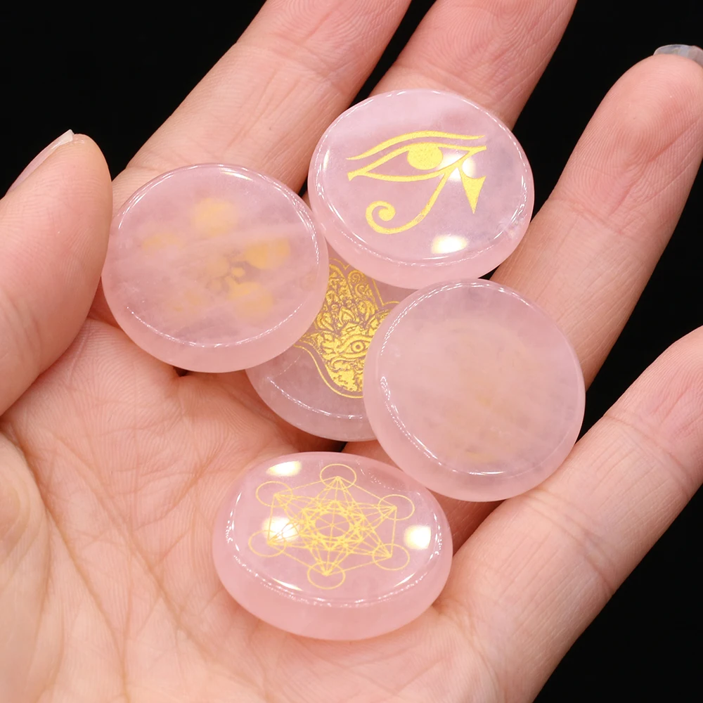 

5Pcs Natural Chakra Stones Rose Quartz Engraved Symbols Polished Palm Stone Reiki Crystal Healing Natural Stone Divination