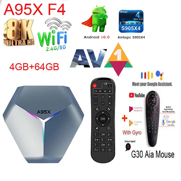 A95X F4 Смарт ТВ Box Android 10 Amlogic S905X4 коробка 4K YouTube 4 Гб Оперативная память 32GB 64GB 128GB