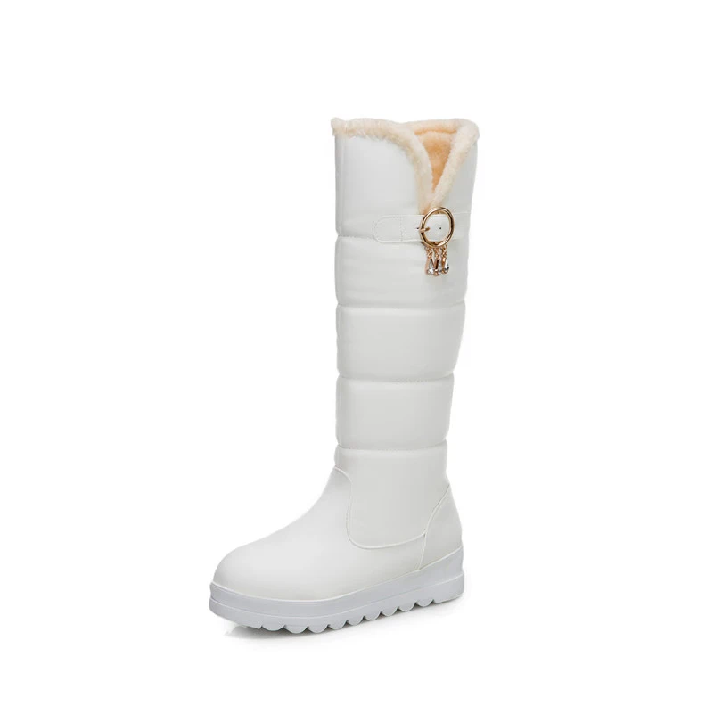 

ANNYMOLI Flat Platform Snow Boots Woman Knee High Boots Round Toe Long Boots Buckle Female Shoes Winter Warm White Large Size 44