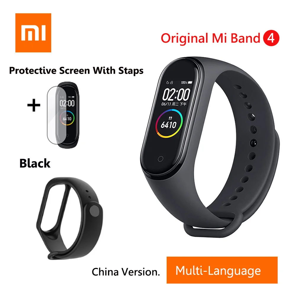 Add Black Strap Xiaomi Mi браслет 4 умный английский Русский Испанский фитнес-браслет с частотой сердечных сокращений 135 мАч Bluetooth 5,0 50 м водонепроницаемый - Цвет: Add Black Strap