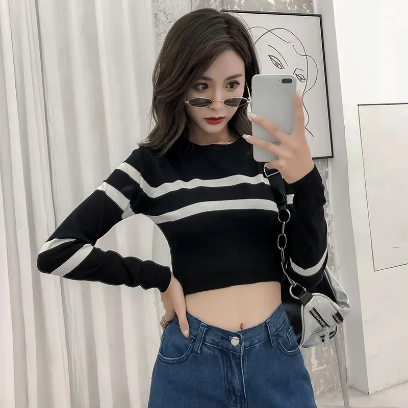 Осенние модные полосатые вязаные пуловеры с длинными рукавами топ женские новые
