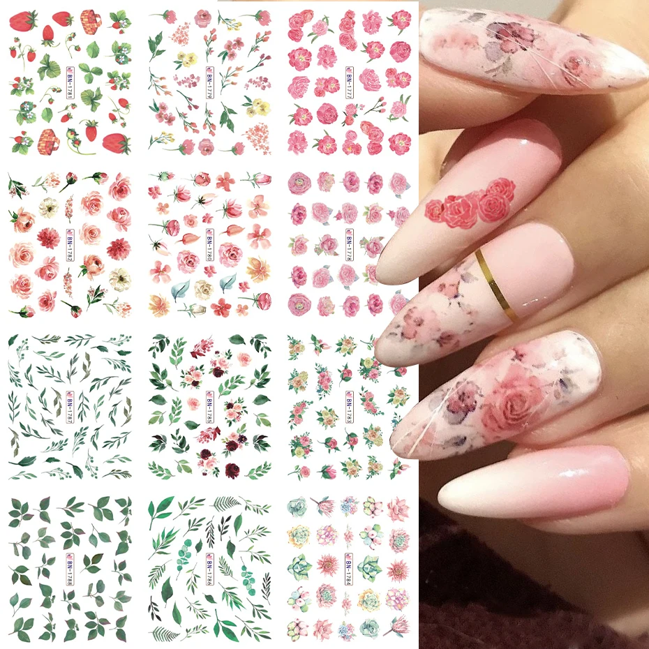 

12pcs Pink Roses Watermark Nails Sticker Blossom Plant Green Tree Leaf Flower Slider For Spring Manicure DIY Decal BEBN1777-1788