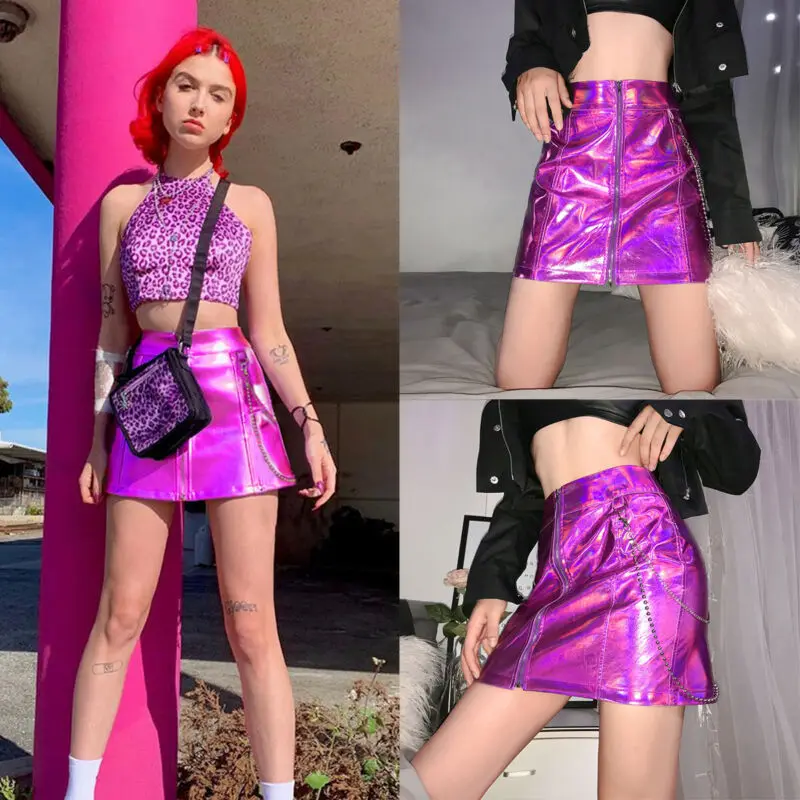 2019 новейшая Сексуальная Осенняя Женская мини юбка стрейч яркое фиолетовое