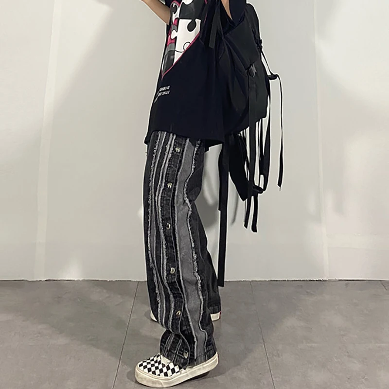 

SHENGPALAE Streetwear Simple Side Button Split Jeans Women's Spring 2021 New High Waist Straight Denim Pants Female Trendy 5B886