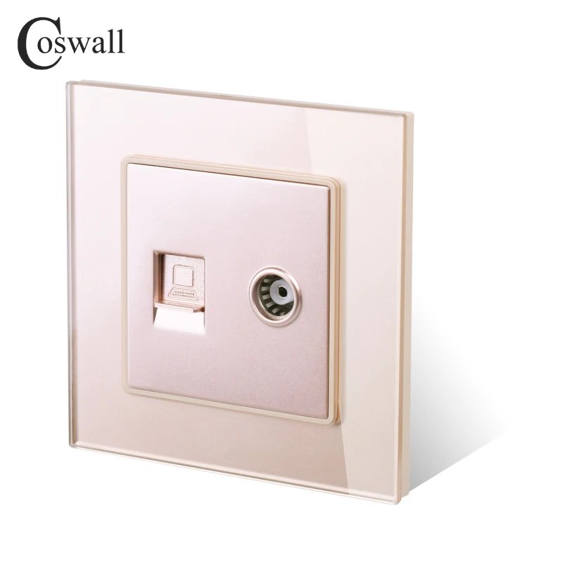 COSWALL Кристалл Закаленное стекло Блок розеток женский ТВ разъем с CAT5E RJ45 Интернет компьютер разъем для передачи данных C1 серии