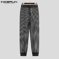 incerun sexy men breatable net pantalons grid see through elastic waist pants male american style drawstring trousers s 5xl 2022