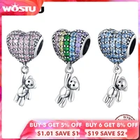 wostu 925 sterling silver charm rainbow pink hearted balloon bear bead pendant fit original bracelet necklace for women jewelry