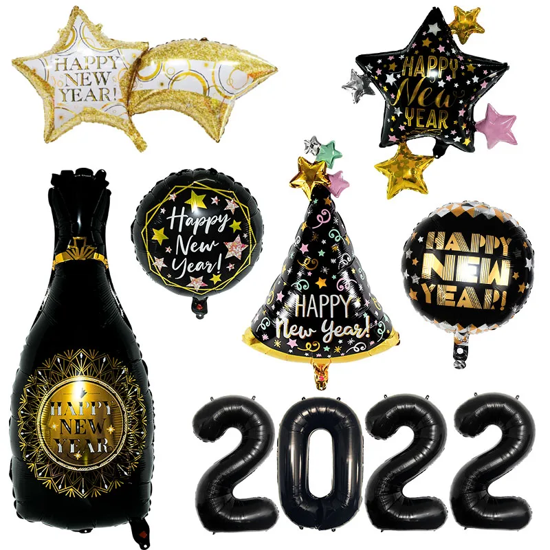 

2022 Happy New Year Foil Balloons For Merry Christmas Party Decoration 18inch Black Bottle Helium Globos Birthday Eve Supplies