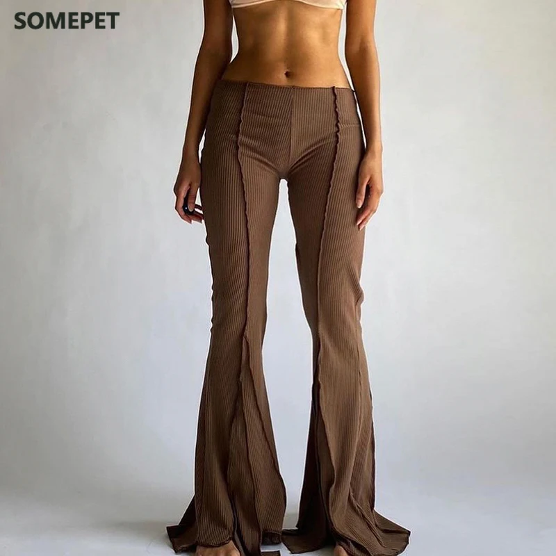 

Women Vintage Pants Hippie Low Waist Bell Bottoms Ladies Stretch Flare Trousers Solid Color 2021 Summer Fashion Flares