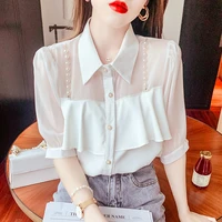 chiffon vintage tops korean version 2021 summer new pearl chain ruffled stitching beading thin shirt woman half sleeve 225f