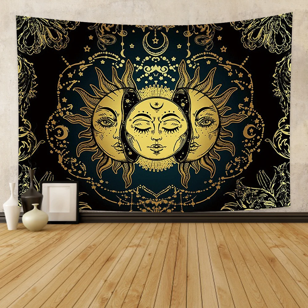 

Laeacco White Black Colorful Sun Moon Mandala Tapestry Wall Hanging Celestial Hippie Wall Carpets Dorm Decor Wall Tapestry