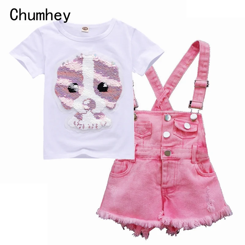 2 Pieces Sets Chumhey/Детские комбинезоны для девочек; летние джинсовые шорты на подтяжках для девочек; розовые джинсы; детская одежда; Kawaii Bebe; комбинезон; детская одежда - Цвет: 2 Pieces Sets
