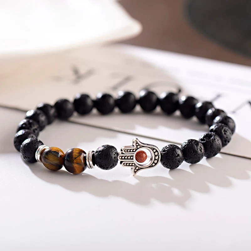 Женский ретро Тибетский браслет из черной лавы серебристого цвета ручной сплав