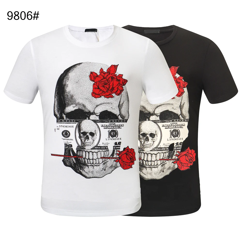 

Plein-Brand Gothic Rose Skull Tshirts Mens Diamond T-shirts Best Casual Cotton Quality Top Tees T-shirt Fashion 2021 New