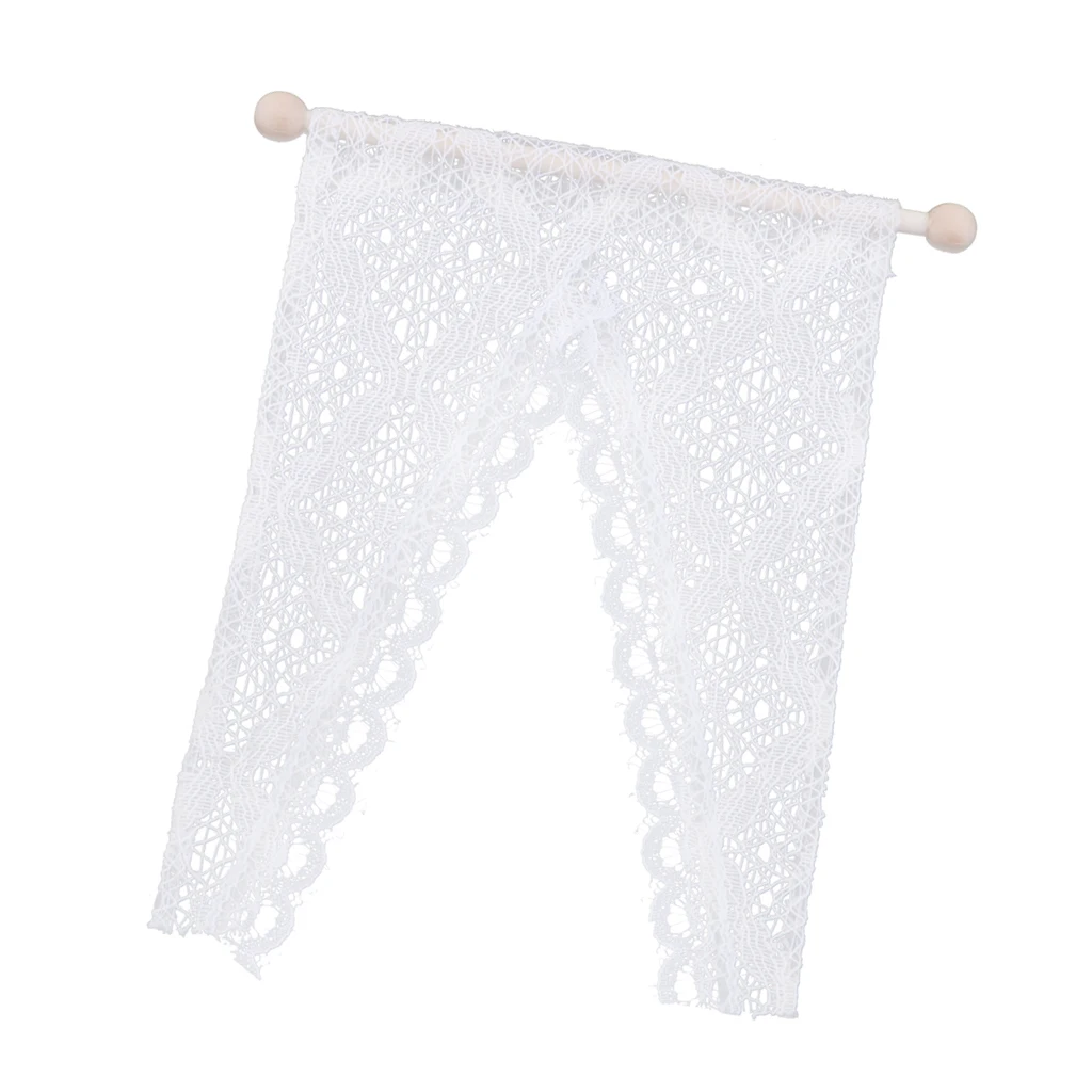 New Style Mini Triangular Lace Curtain With Wooden Rod For 1/12 Dollhouse |
