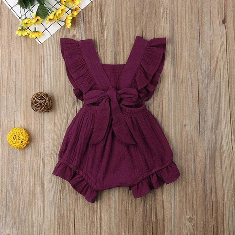 

Newborn Baby Girls Clothes Ruffle Solid Color Romper Backcross Jumpsuit Outfits Bowknot Sunsuit Infant Baby Clothing