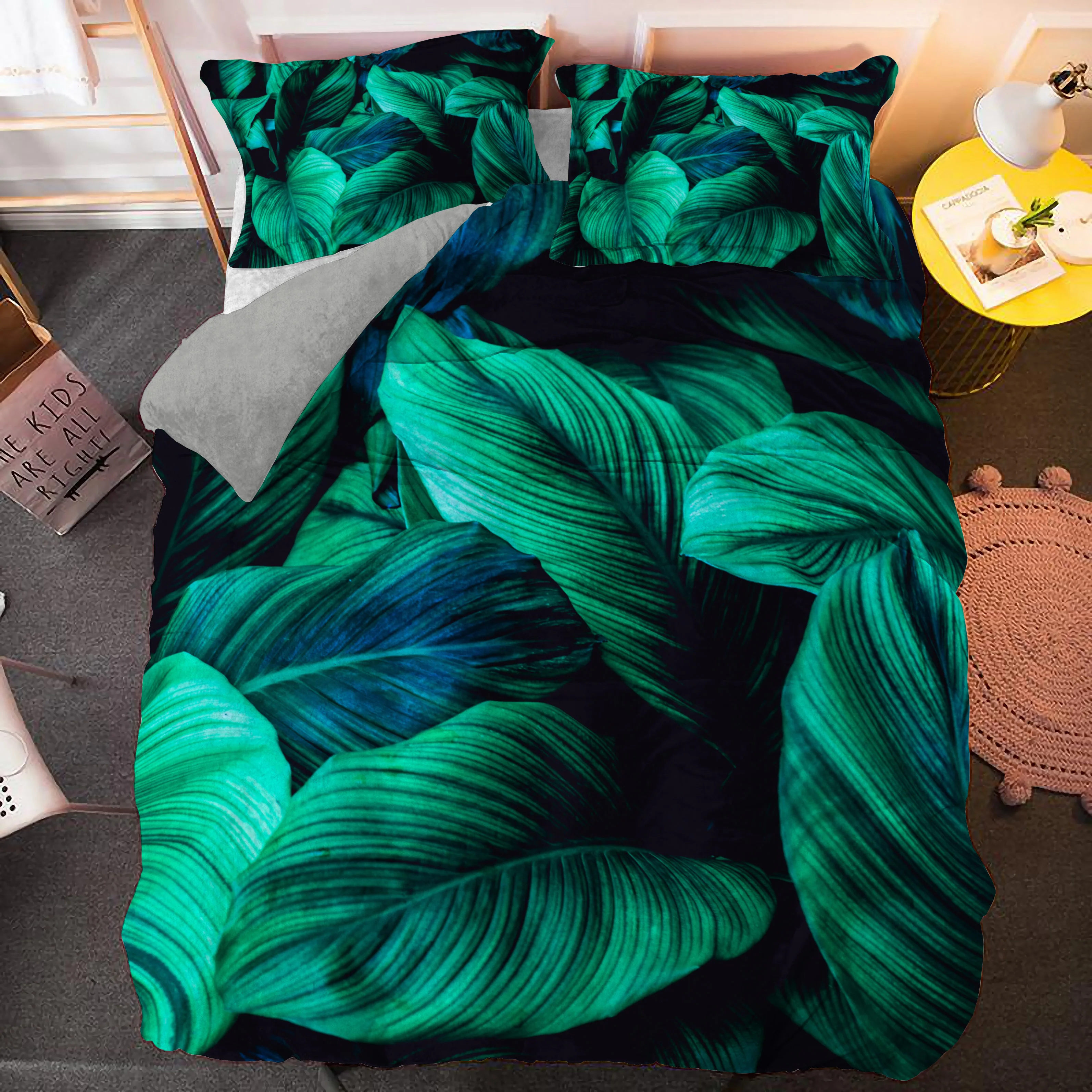 Home Textile King Queen Twin Bed Linen Girl Kid Teen Bedding Set Green Leaf Duvet Quilt Cover Pillowcase Flat Beds Sets