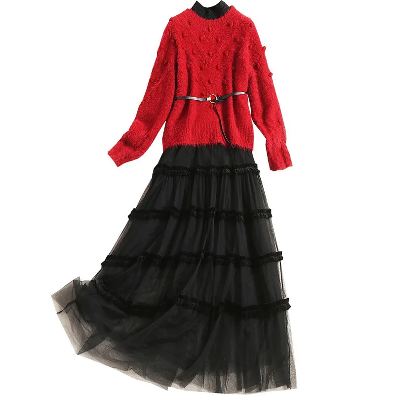 

Women's Set 2020 Spring Fashion Clothing Suits Ladies Long Sleeve Stereo Ball Sweaters+Sleeveless Mesh Lace Dress Set Two Piece