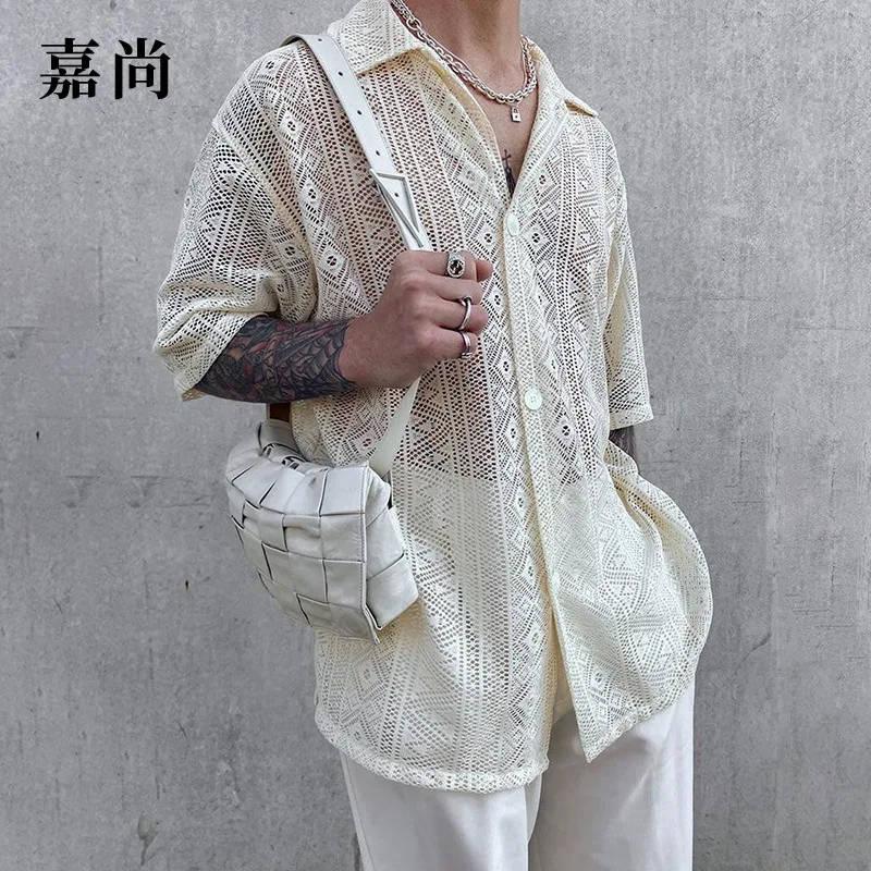 

Men's European and American Ins Style Thin Japanese Hollow Shirt Lapel Slim Breasted Shirt