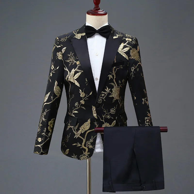 

Mens Stylish Embroidery Floral Pattern Suits Stage Singer Wedding Groom Suits Men Costume Black
