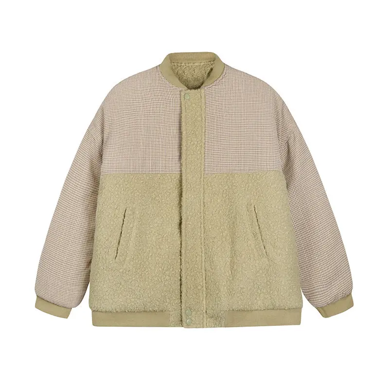 Parkas Women Design Patchwork Lambswool Thicker Outwear Warm Retro Button Panelled Plaid Short Style Parka Mujer Korean Fashion | Женская