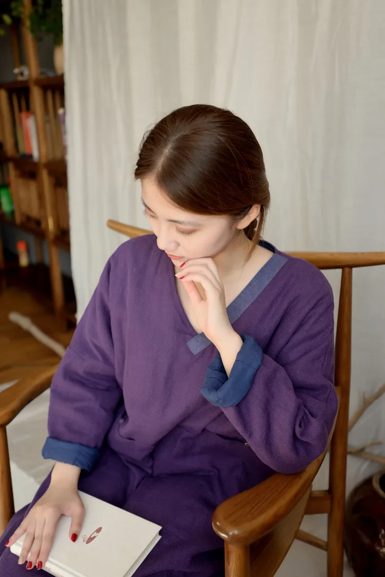 SCUWLINEN/ Женское зимнее платье, однотонное, с v-образным вырезом, в стиле пэчворк, в стиле ретро, плотное, теплое, свободное, с хлопковой подкладкой, длинное платье дзен, S1004