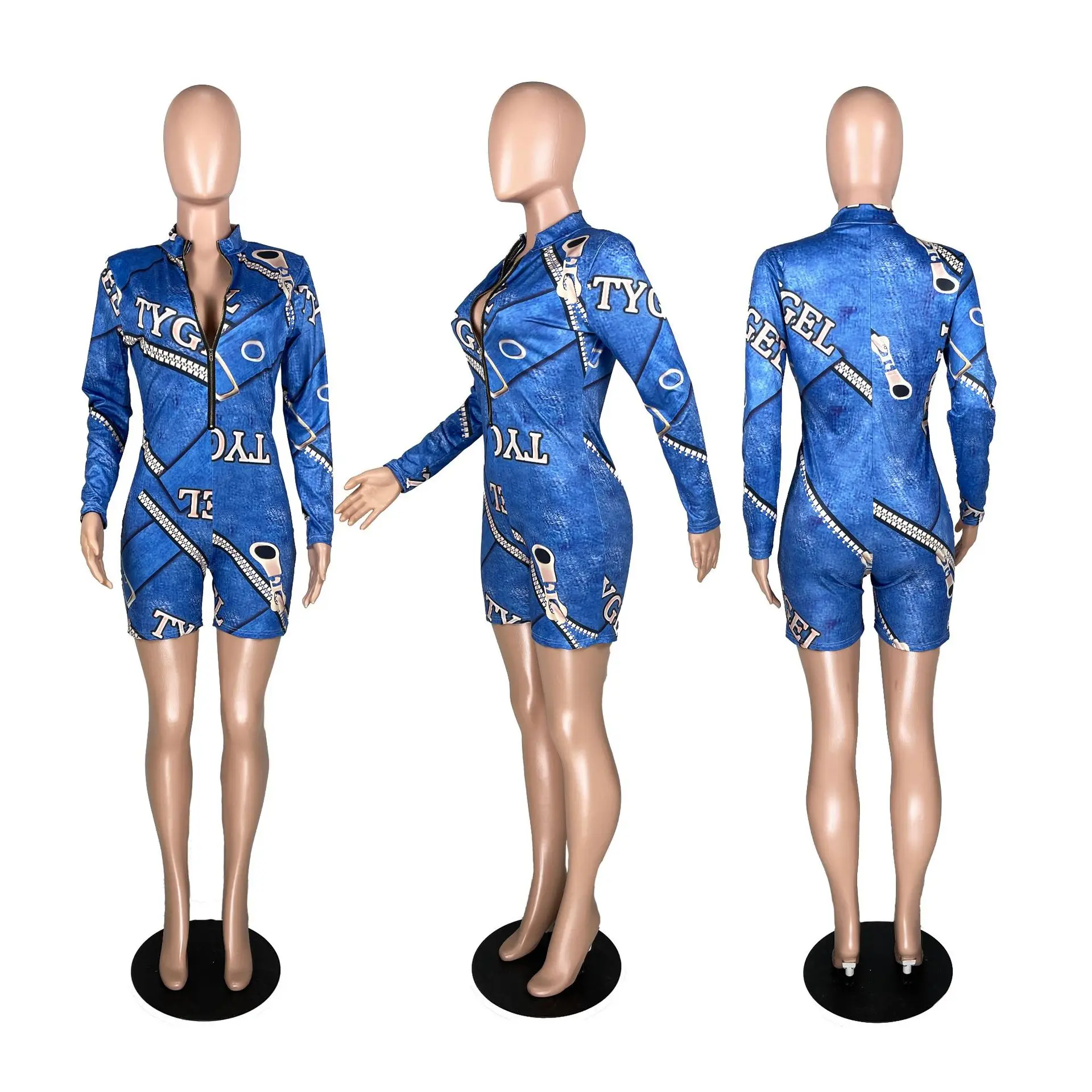 

PinePear Women Sexy Deep V Neck Zip Up Playsuits Short Rompers Spring Fashion Blue Denim Printing Long Sleeve Bodycon Jumpsuits