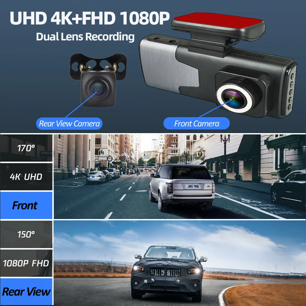 Видеорегистратор BOENKAI UHD 4K с 1080P камерой заднего вида Wi-Fi Автомобильный