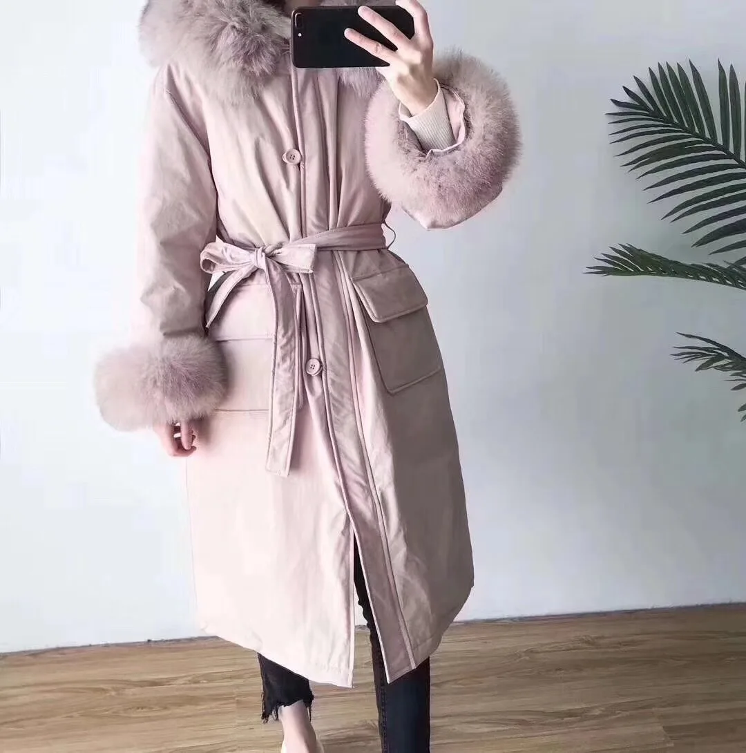 Корейская мода, белый утиный пух, куртка женская, X-long, зима, натуральный Лисий мех, с капюшоном, воротник, утолщенное, теплое пальто, одежда высокого класса